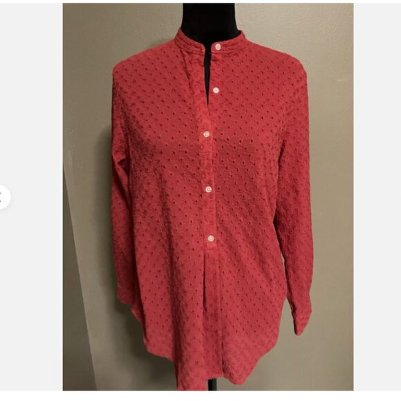 Lauren Ralph Lauren Cotton Eyelet Lace Button Down Shirt Sz L Red - Picture 1 of 6